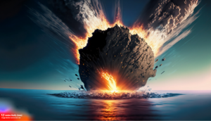 AI generated image of a large, round meteor crashing into the ocean. Small red icon of Adobe firefly in the bottom left corner