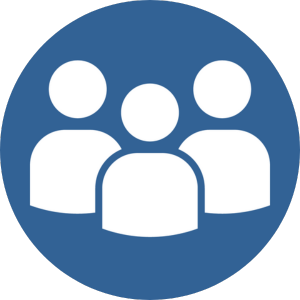 White icon of three people on a blue background. The whole image is in a circle shape.